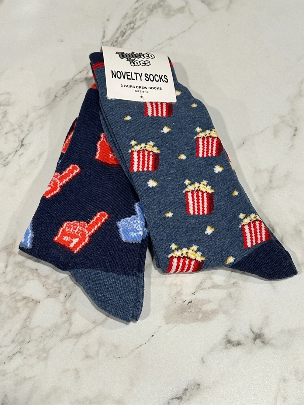 Twisted Toes Crew Socks Mens 8-13 NEW 2 Pair Popcorn Buckets #1 Fan